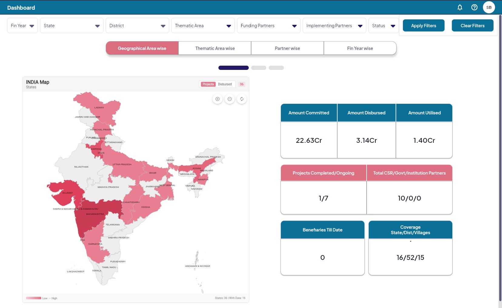 Transunifyy NGO MIS software dashboard showing India map with project coverage